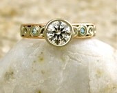 Handmade Diamond & Blue Topaz Engagement Ring in Two Tone 14K White and Rose Gold with Scrolls Size 5.5/3.5mm
