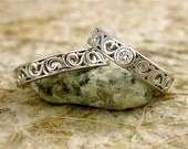 Made to Order Vintage Style Pair of Swirly Wedding Rings in 14K White Gold with .10 ct Diamond and Glossy Finish Size 7 & 8/4mm