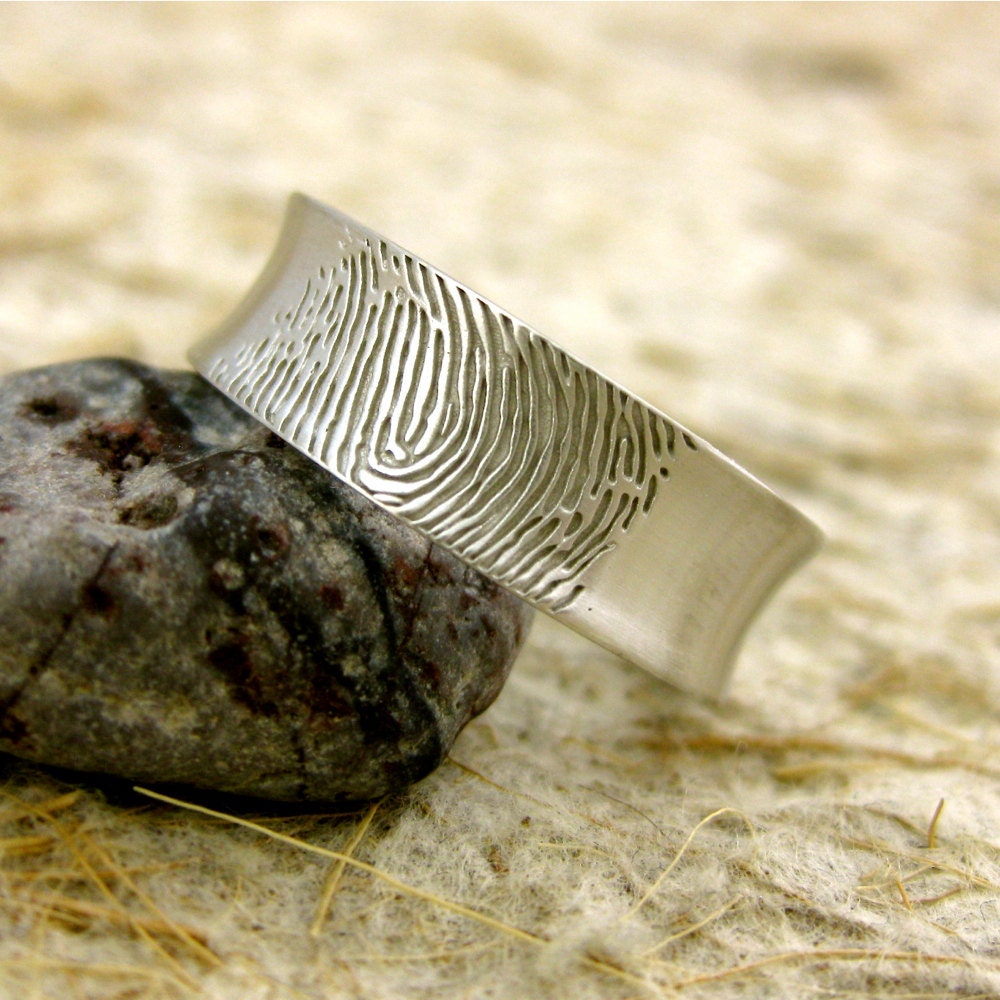 Custom Made Concave Finger Print Wedding Band in 14K White Gold with Matte Look Size 9/7mm