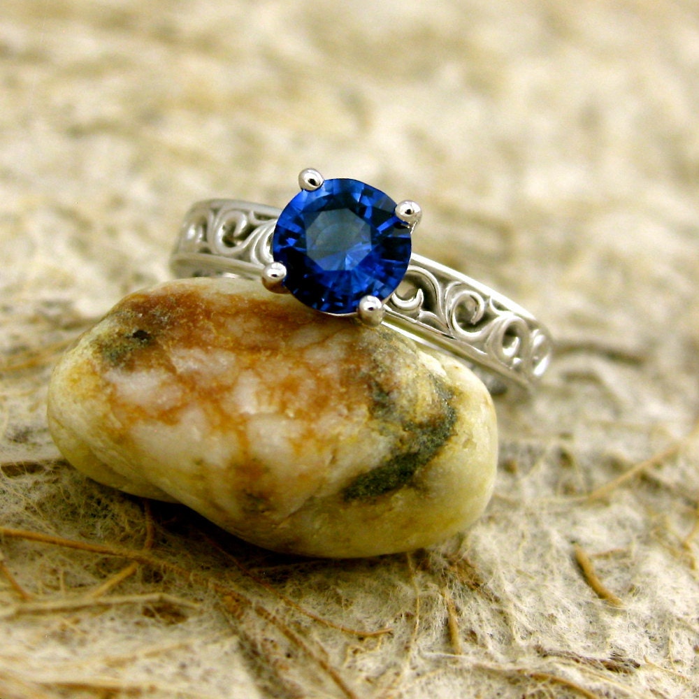 Handmade Round Natural Blue Sapphire Prong Set Engagement Ring in 14K White Gold with Swirls & Scrolls Size 6.5/3mm