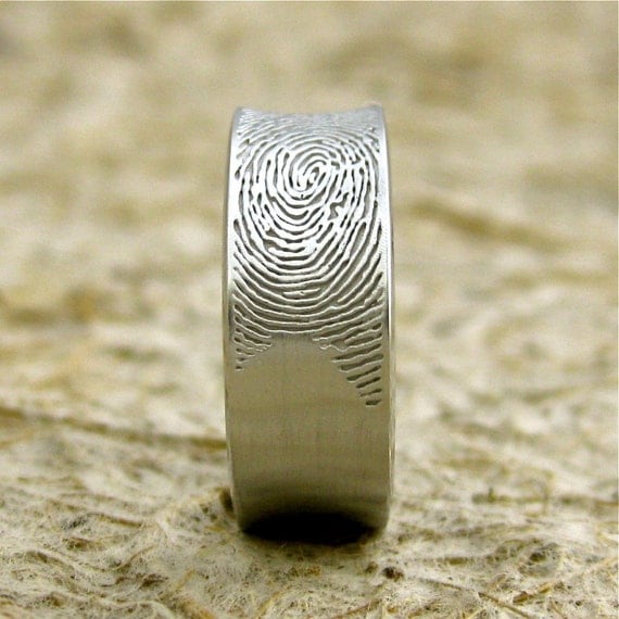 Custom Made Concave Finger Print Wedding Ring in 14K White Gold with Matte Finish Size 8.5/8mm
