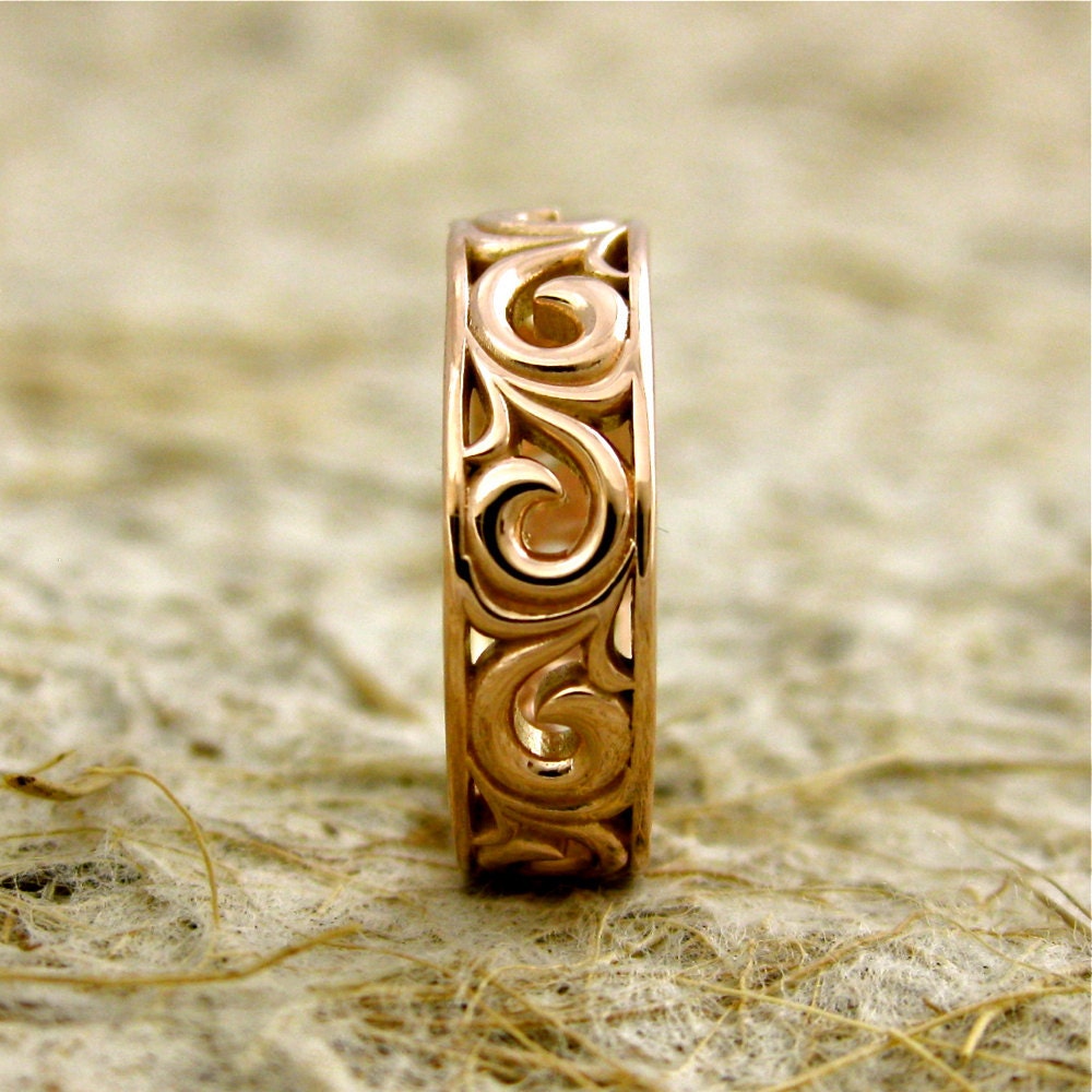 Hand Crafted Wedding Band in 14K Rose Gold with Big Scrolls and Glossy Look Size 5/5mm