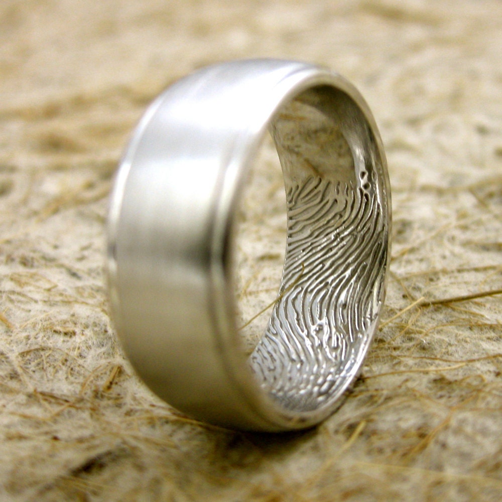 Custom Designed Double Finger or Thumb Print Wedding Ring in 14K White Gold with Matte Center and Glossy Edges Size 9/8mm
