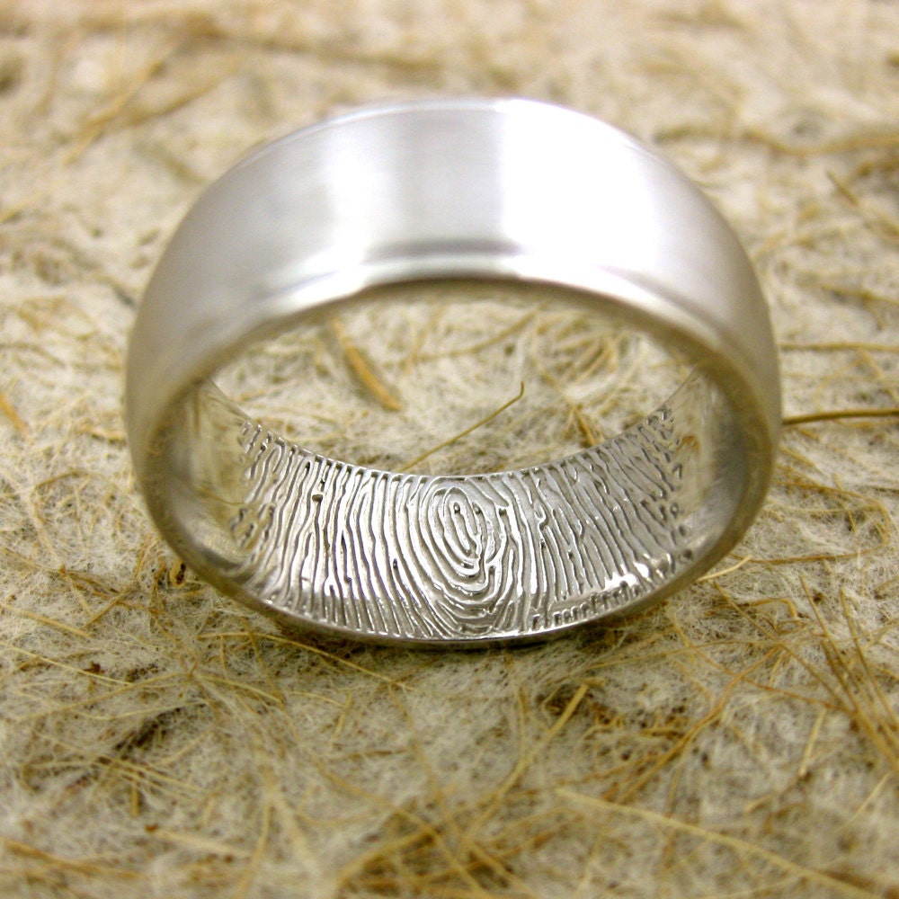 Custom Designed Double Finger or Thumb Print Wedding Ring in 14K White Gold with Matte Center and Glossy Edges Size 9/8mm