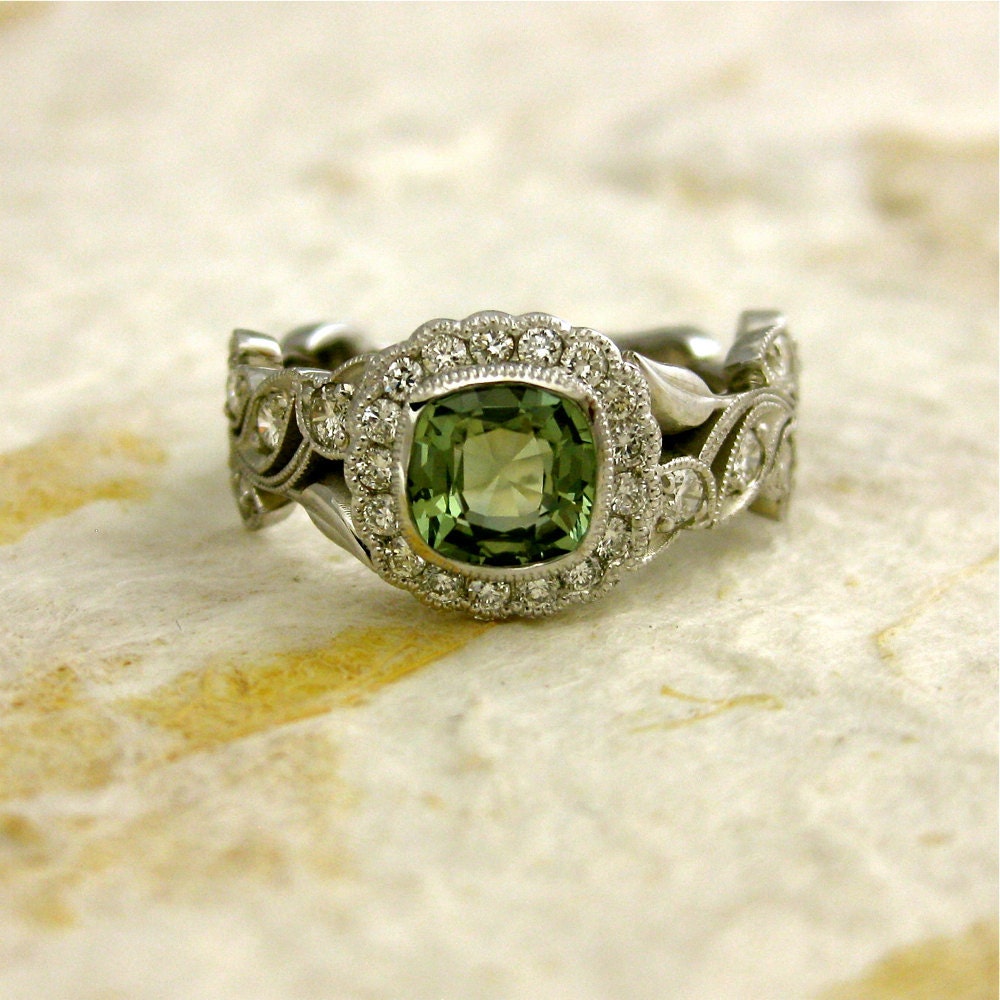 Custom Made Square Cushion Cut Green Sapphire Leaf Engagement Ring with Diamonds in 14K White Gold with Antiquing - Other Gems Available