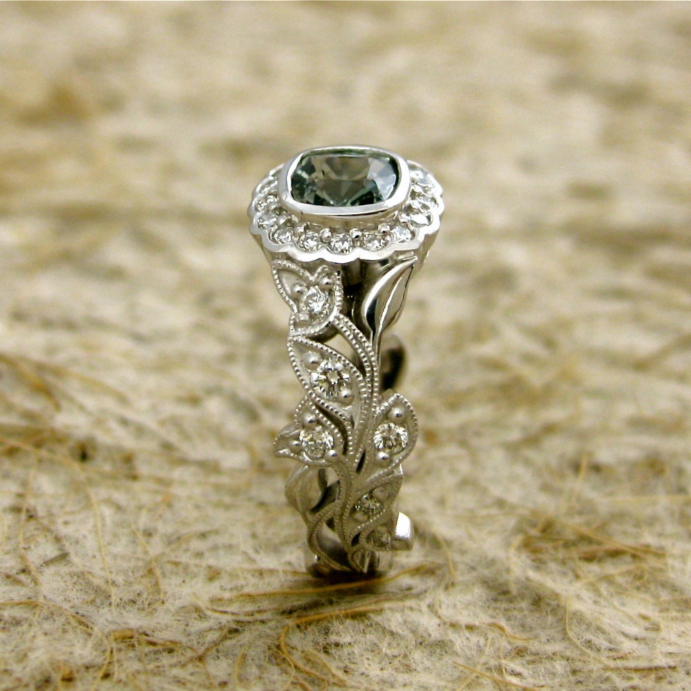 Vintage Style Square Cushion Cut Light Green Sapphire Leaf & Vine Engagement Ring in 14K White Gold with Diamonds - Other Colors Available