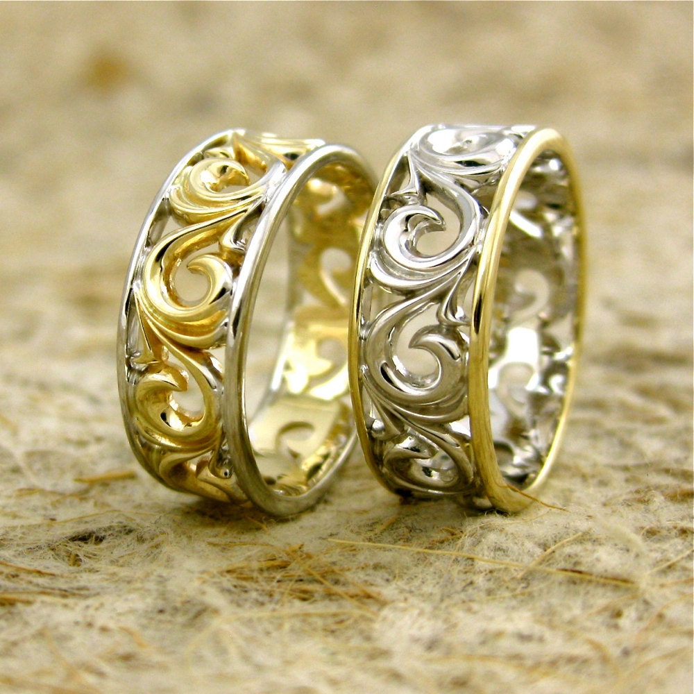 Hand Assembled Pair of Swirly Wedding Rings in Two Toned 14K White and Yellow Gold with Wide Scrolls Size 8.5/7mm