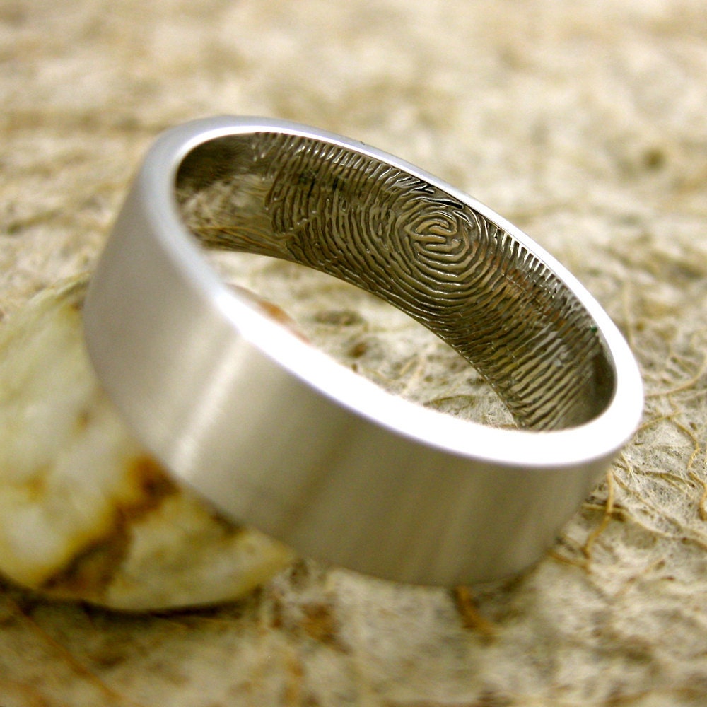 Personalized Fingerprint Wedding Band in 14K White Gold with Flat Ring Profile and Smooth Matte Finish Size 10/7mm