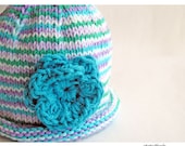 Baby Hat , Hand Knit Roll Brim Cloche, Crochet Flower, Striped Turquoise Lilac Purple Teal, Girl