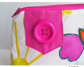 Cosmetics Bag Knitting Notions Zipper Pouch Wristlet, Button Flap, Hot Pink Spring Butterfly Duck Print
