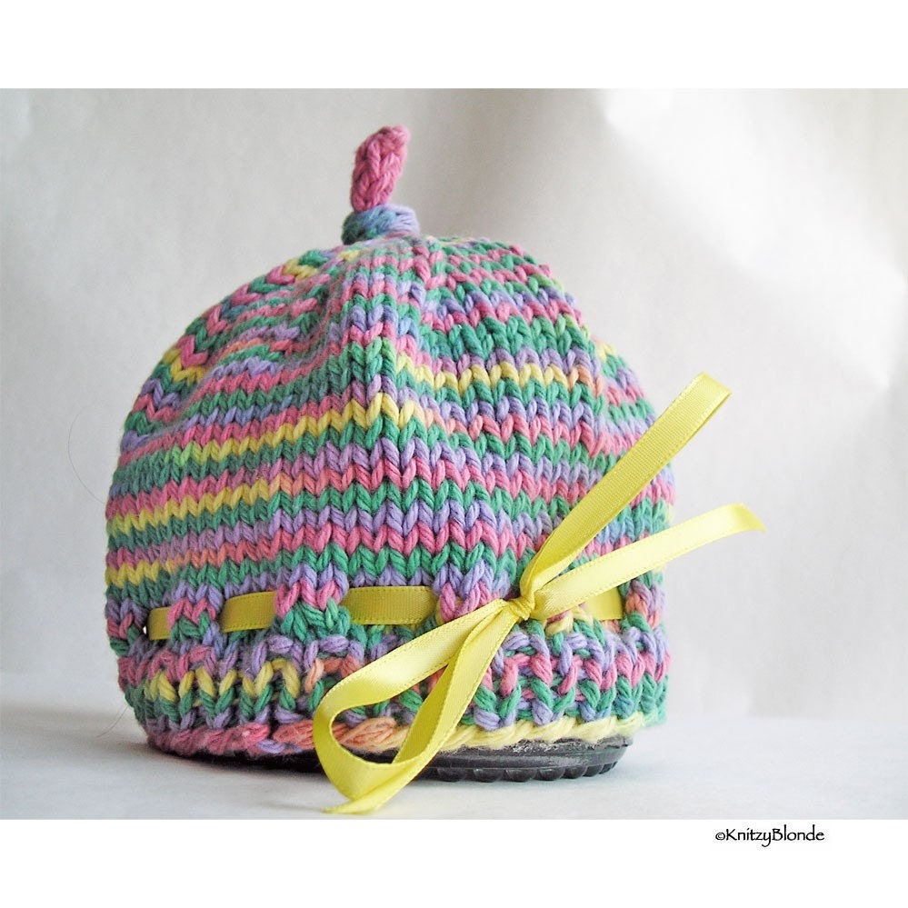 Newborn Baby Beanie Hat, Pastel Rainbow Colors Bright Yellow Ribbon
