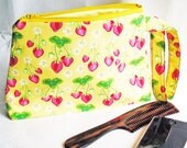 Cosmetics Bag Knitting Notions Zipper Pouch Summer Strawberries on Sunshine Yellow Larger Size