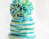 Knit Baby Hat, Giant Pom Pom, Photo Prop Cotton Yarn Teal Turquoise Green Blue Yellow White