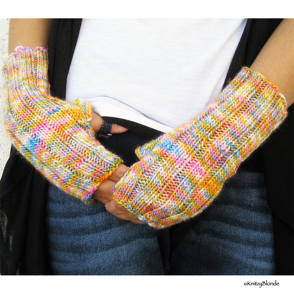 Hand Knit Fingerless Gloves, Arm Warmers, Merino Wool, Bright Multi Colors, Pink Yellow Blue Orange