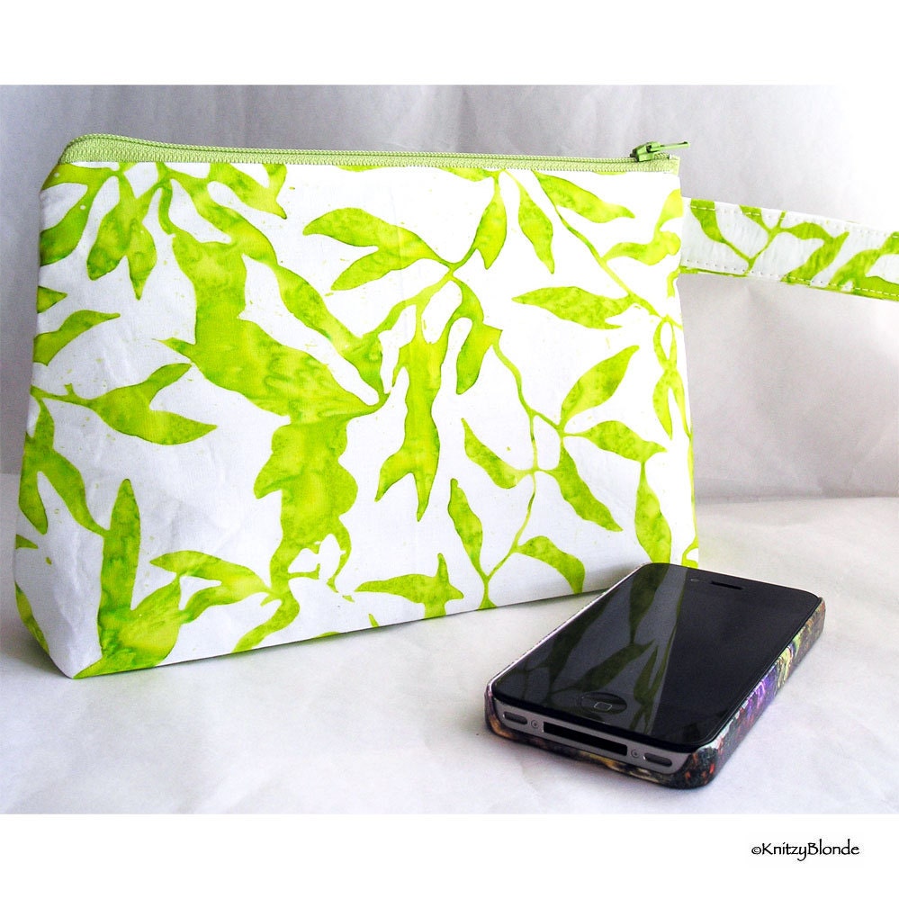 Cosmetics Bag, Knitting Notions Zipper Pouch, Project Bag, Lime Green White Batik Leaf Print