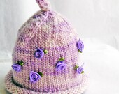Rosette Baby Hat Hand Knit Photo Prop Newborn OOAK Merino Wool Lilac Purple Wiseria