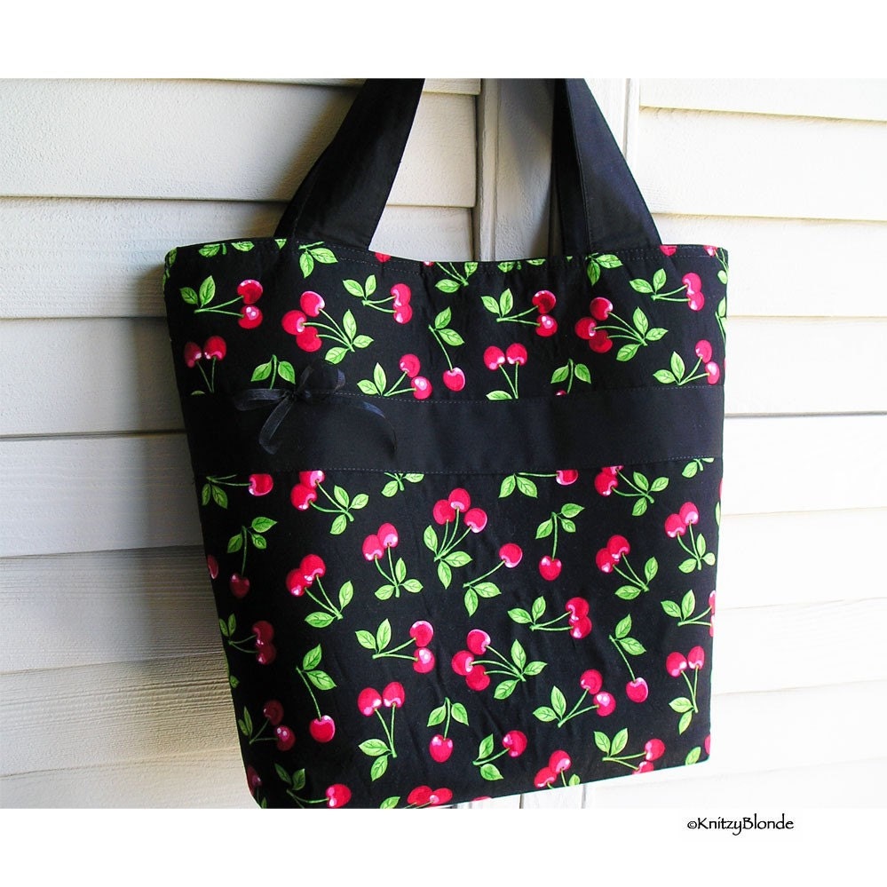Knitting Tote Bag Retro Cherries Print Black and Red, Perfect Handbag Knitting Tote Combo by KnitzyBlonde
