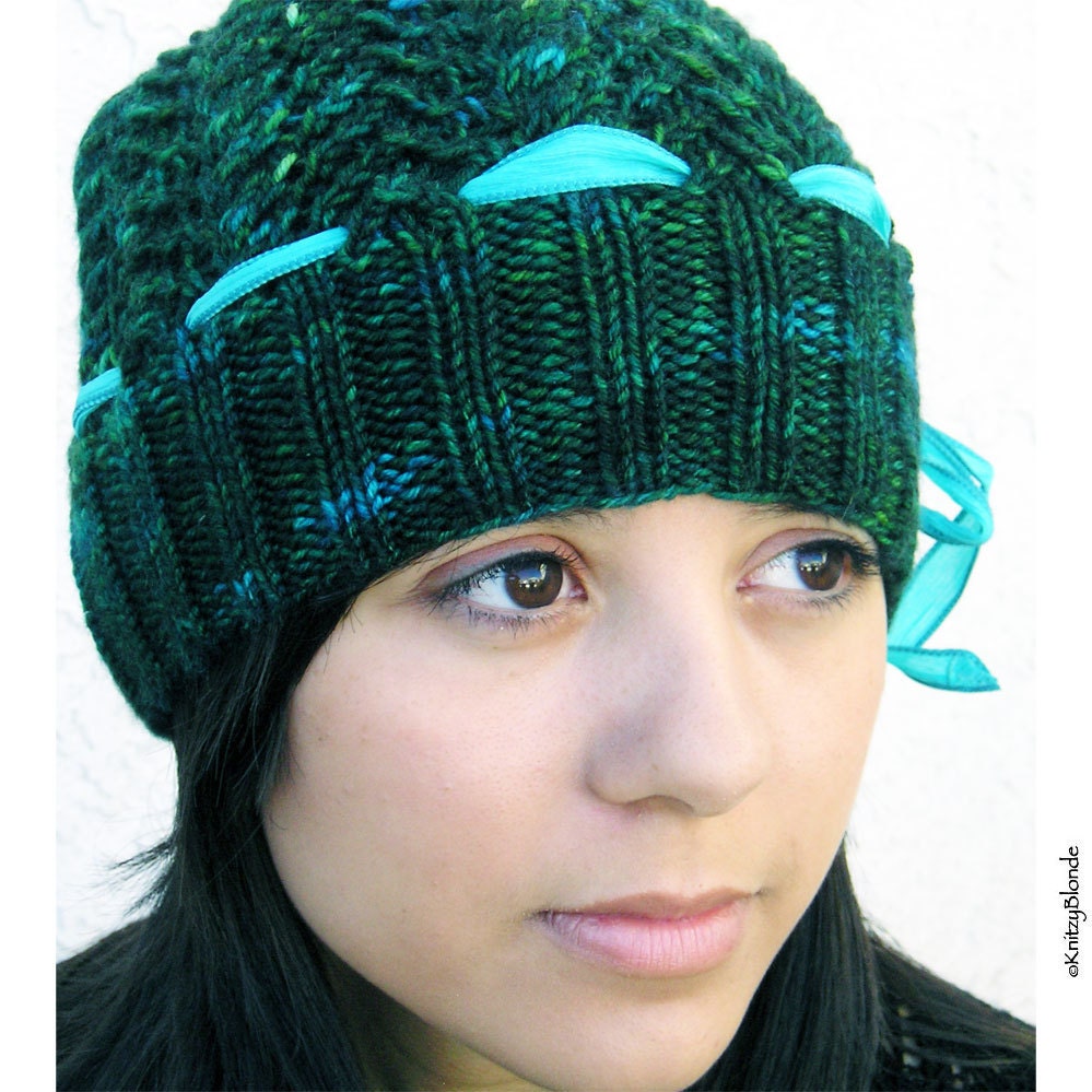 Hand Knit Slouch Hat, Cables & Lace, Cashmere Merino Wool, Forest Green, Turquoise Silk Ribbon