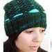 Hand Knit Slouch Hat, Cables & Lace, Cashmere Merino Wool, Forest Green, Turquoise Silk Ribbon