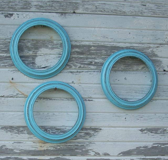 Three Teal Blue Round Distressed Painted Wood Frames 11.5 inch