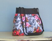 Cross Body Shoulder Bag Gathered in Pink Red Flowers on Dusty Grey (no1) A canvas bag with twisted cord straps and shoulder cushion.