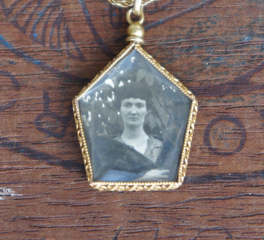 Antique French Double Sided Hexagon Glass Pendant FIligree Design Original Photos and includes Chain