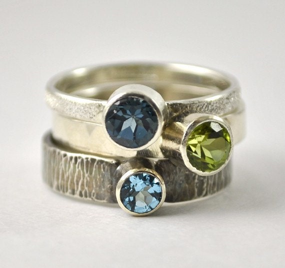 Peridot, London Blue and Swiss Blue Topaz Stacking Ring Set