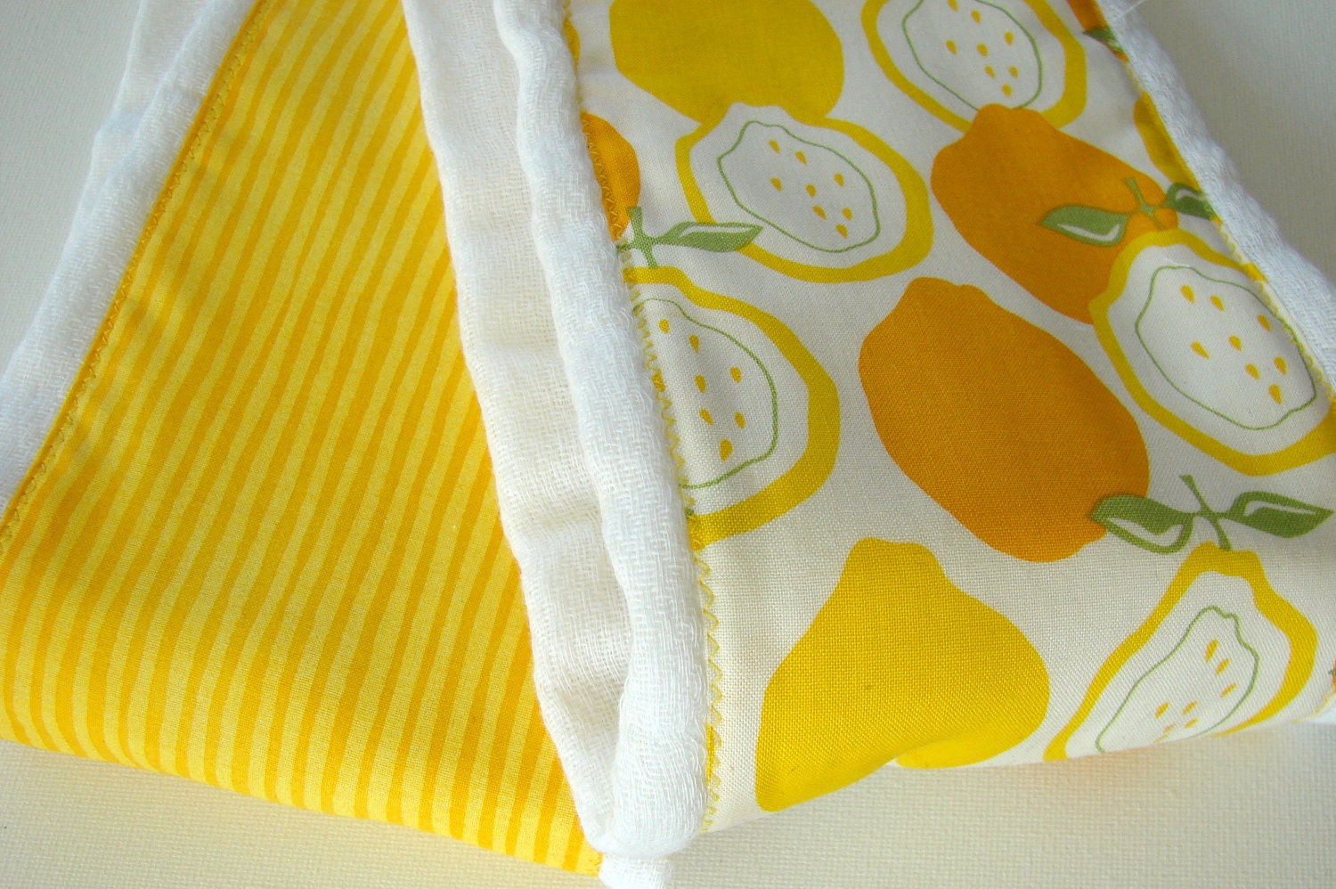 Yellow Burp Cloth set of 2 for a baby girl. Stripes and fruit