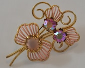 Aurora Borealis Pink Rhinestones and Enamel Open Design Leaf Vintage Pin Brooch