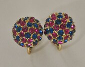 1970s Pink and Blue Rhinestone Disco Ball Vintage Clip Earrings