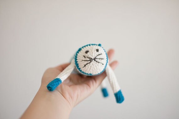 Crocheted Baby Toy for Baby Boys and Baby Girls - White Blue Brown Bamboo Cotton Wool - OOAK - Long Cat Who Loves Sea