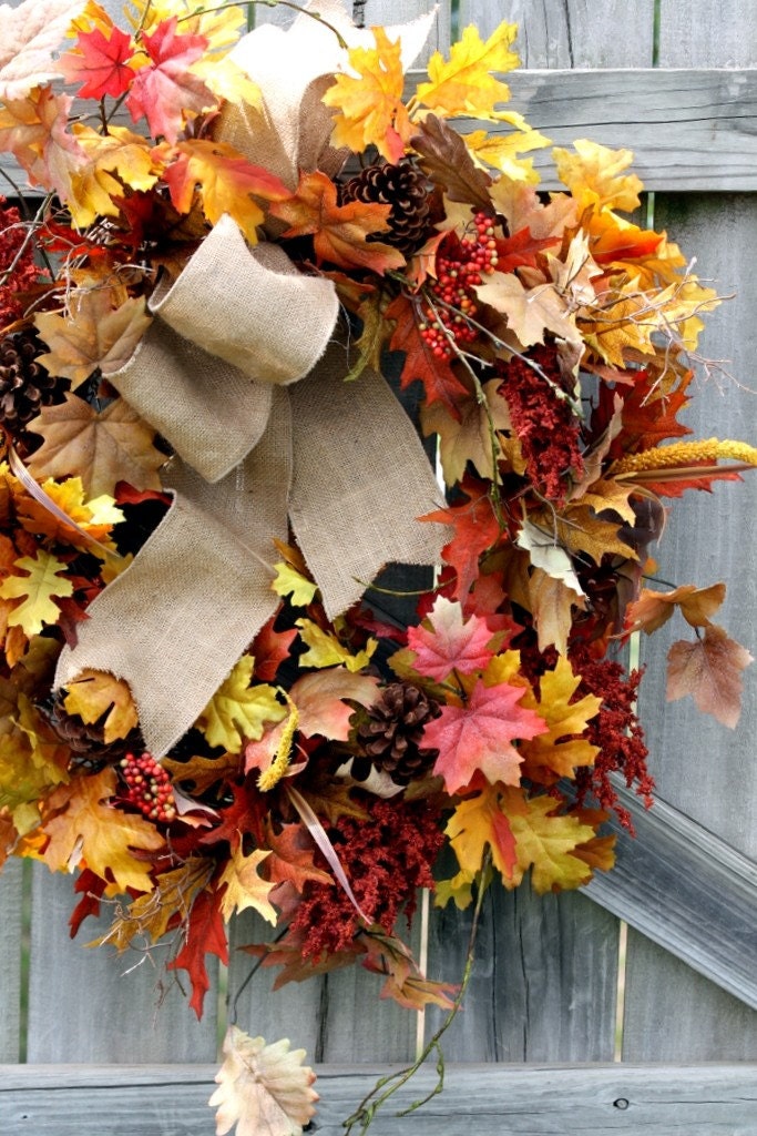 FULL 30" Fall Leaf Wreath with Burlap Bow