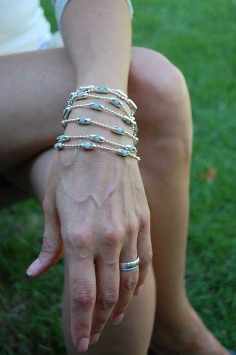 Ocean Waters, BeadWork, Womens Sterling Silver,  Amazonite Bangle. Necklace, Ankle Wrap, Womens Sterling Cuff, Personalize