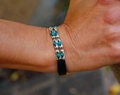 Cherokee,  Womens Leather Bangle, Leather Cuff, Wrap Bracelet , Sterling Silver ,Turquoise Stones, Women's Leather Bracelet