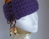 Mock Cable Knit Stitch Purple Wool  Headband with Leather Tie  Adult Size