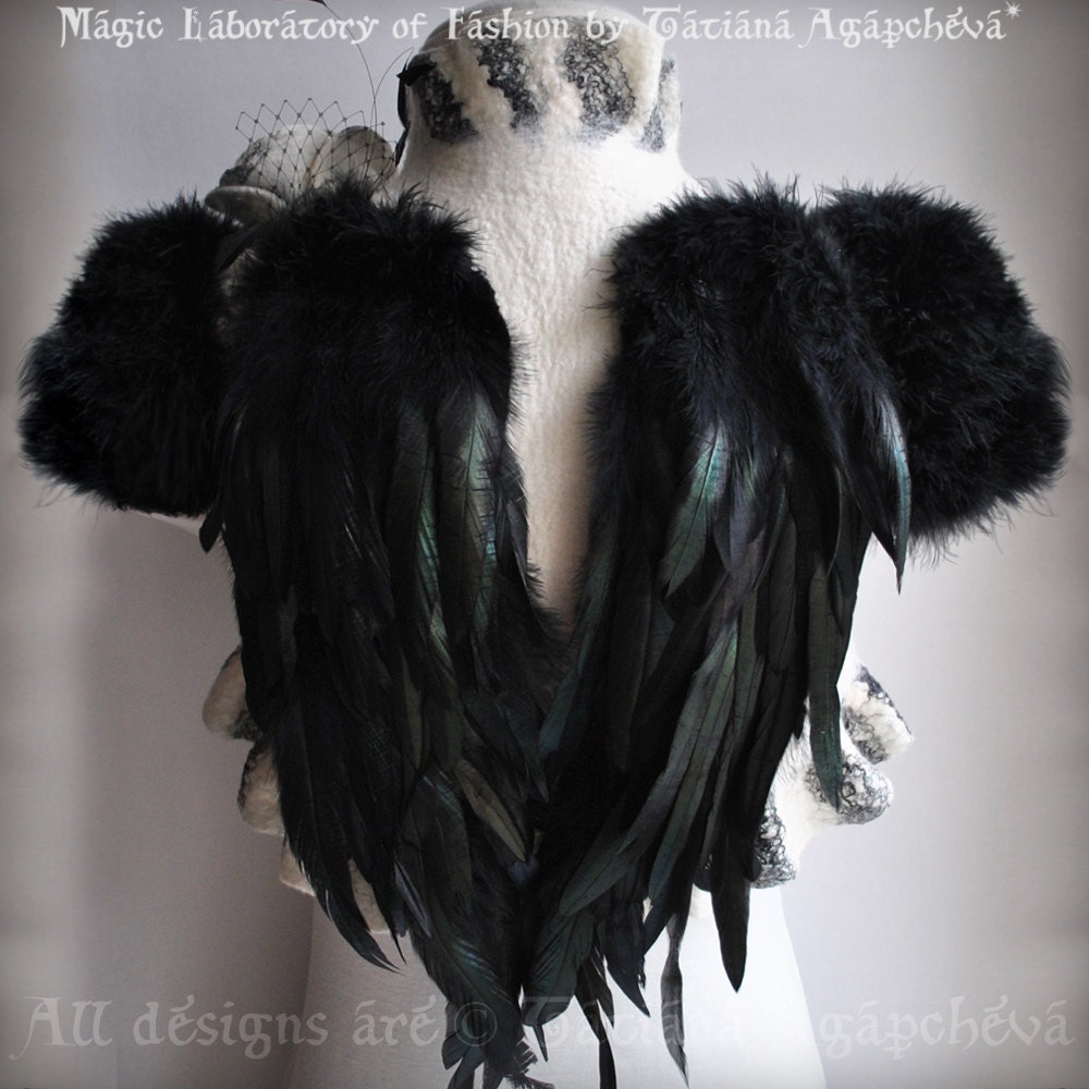 SWAN LAKE Bolero Shrug Bridal Feathers Wings Wedding Black White Felted Merino and Silk, Roses Corsage / Brooch, Marabou Sleeves, US 6
