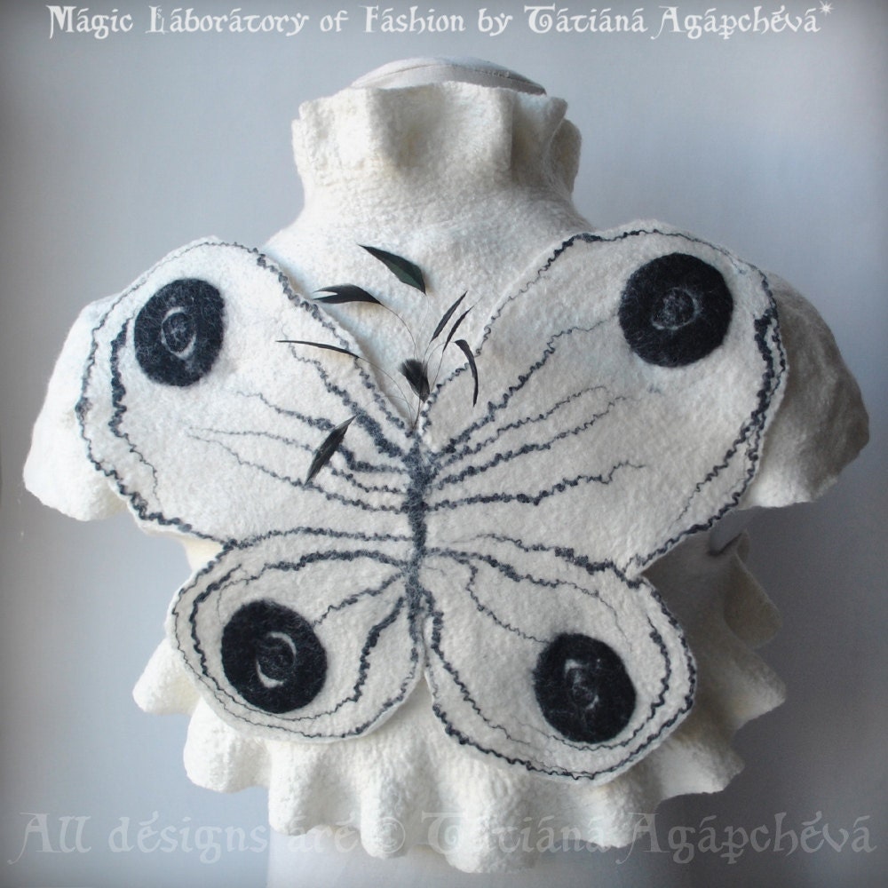 Butterfly  Bolero, Shrug WINGS Bridal Wings Black Ivory Felted Merino Silk, Roses Corsage / Brooch, US 6