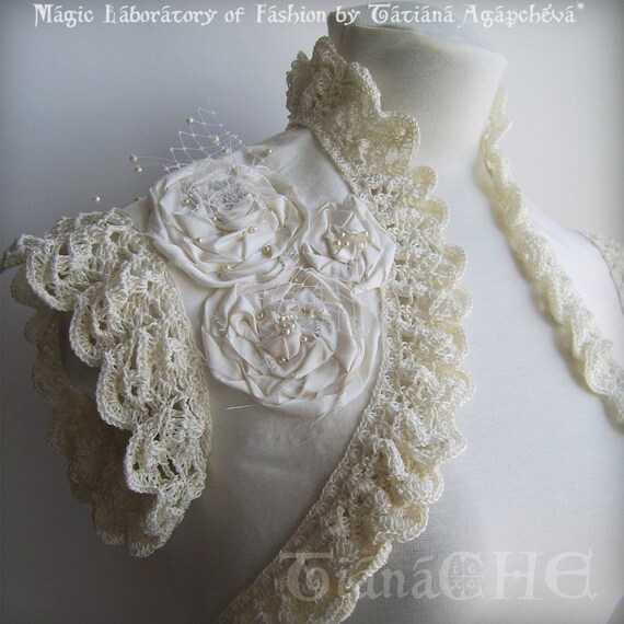 Wedding Bolero Shrug Dupioni Silk Bridal Fiancee, Handmade Silk Crochet Lace /ADOLESCENCE/, TianaCHE