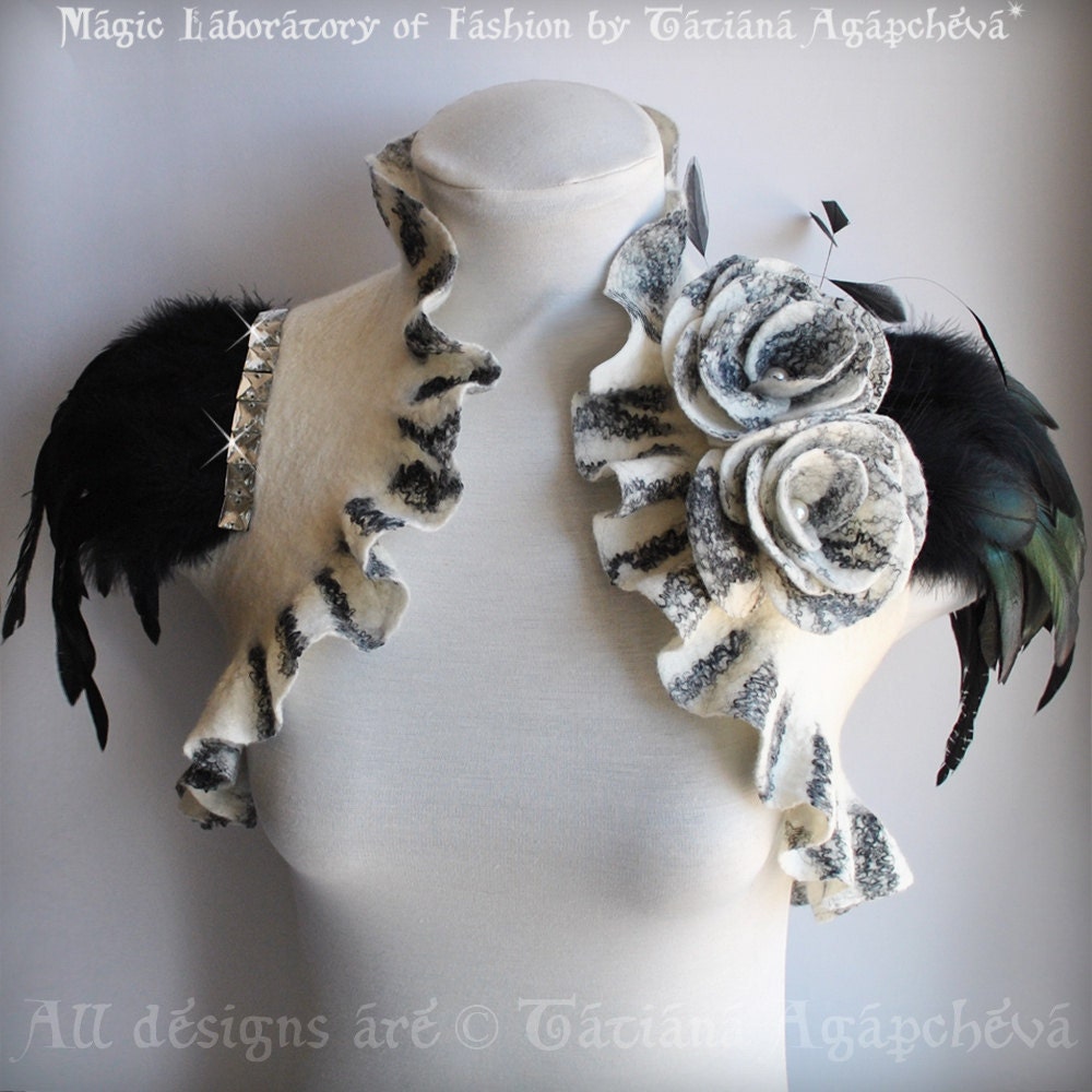 Shrug Bolero Felted Wedding Black White /SOLDIER of LOVE/ Bridal Merino/ Silk, Ivory, Flower Roses Brooch, Feathers Sleeves, US 6