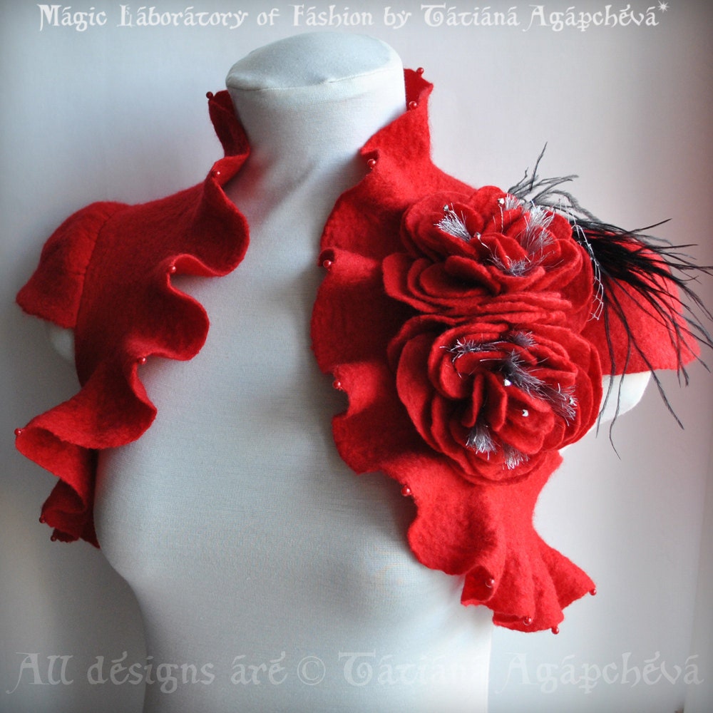 Wedding Bolero, Shrug Bridal, Cap Sleeves /The Love Ball/ Felted US 6, Peonies Brooch, Swarovski, Valentines 2011 Best Seller