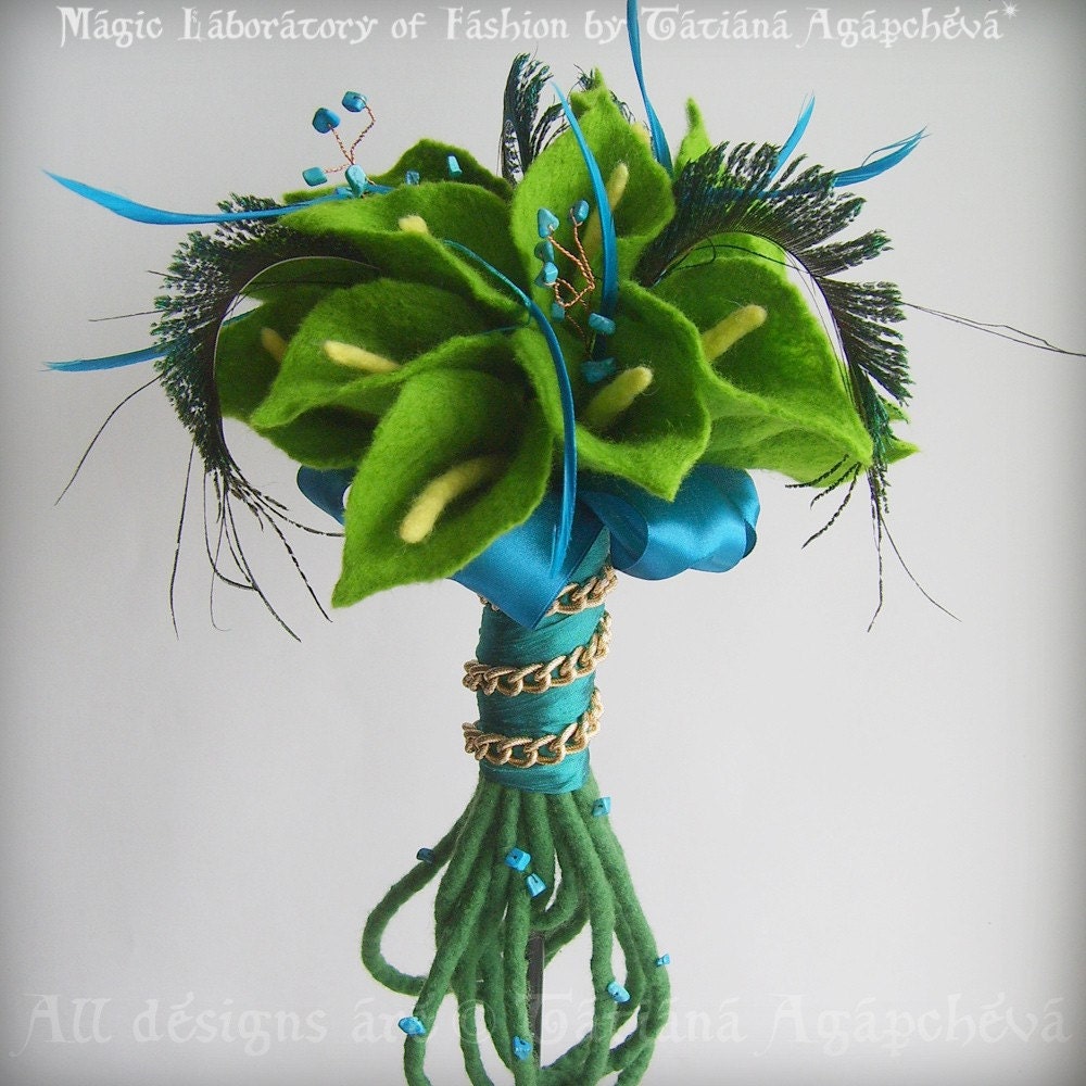 Summer Breeze Lime Green Calla Lilies and Peacock Feathers BRIDAL BOUQUET SET with Turquoise Beads FREE SHIPPING