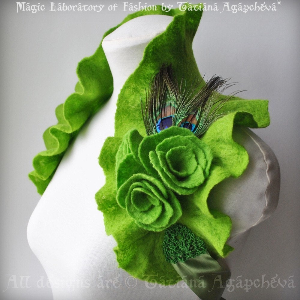 Bolero, Wrap, Capelet, Absinthe, Green Fairy Bridal Felted, LA FEE VERTE Chartreuse,Three Roses, Peacock Corsage Saint Patrick's Day
