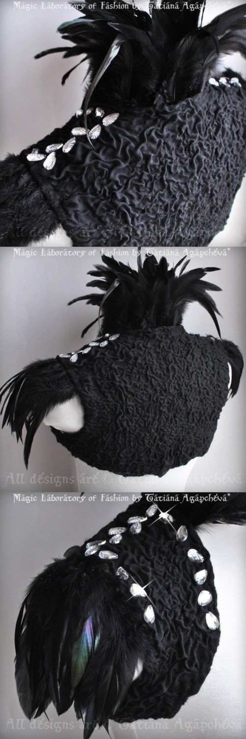 Bolero Shrug La Marquise Casati Goth Decadent Felted Black Silk Chiffon Nunofelt, Feathers Empress Collar Epaulettes Sleeves Rhinestones
