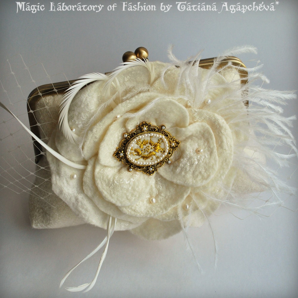 Bolero, Shrug, Jacket Lux Bridal Felted /MODERN MUSE/ Ecru, Beige, Roses, Pearls, Feathers Corsage, Cap Sleeves, US 2, TianaCHE, Best Seller