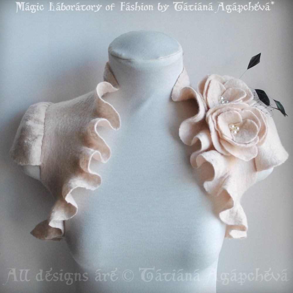 Bolero, Shrug, Jacket Lux Bridal Felted /MODERN MUSE/ Ecru, Beige, Roses, Pearls, Feathers Corsage, Cap Sleeves, US 2, TianaCHE, Best Seller