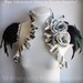 Shrug Bolero Felted Wedding Black White /SOLDIER of LOVE/ Bridal Merino/ Silk, Ivory, Flower Roses Brooch, Feathers Sleeves, US 6