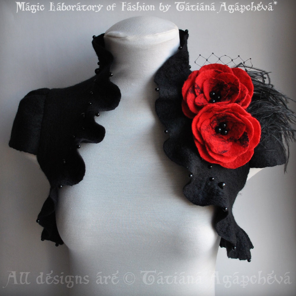 Bolero Shrug, Black Red, Goth Couture Felted Merino Silk, Roses Corsage / Brooch, Cap Sleeves, US 6 Valentines