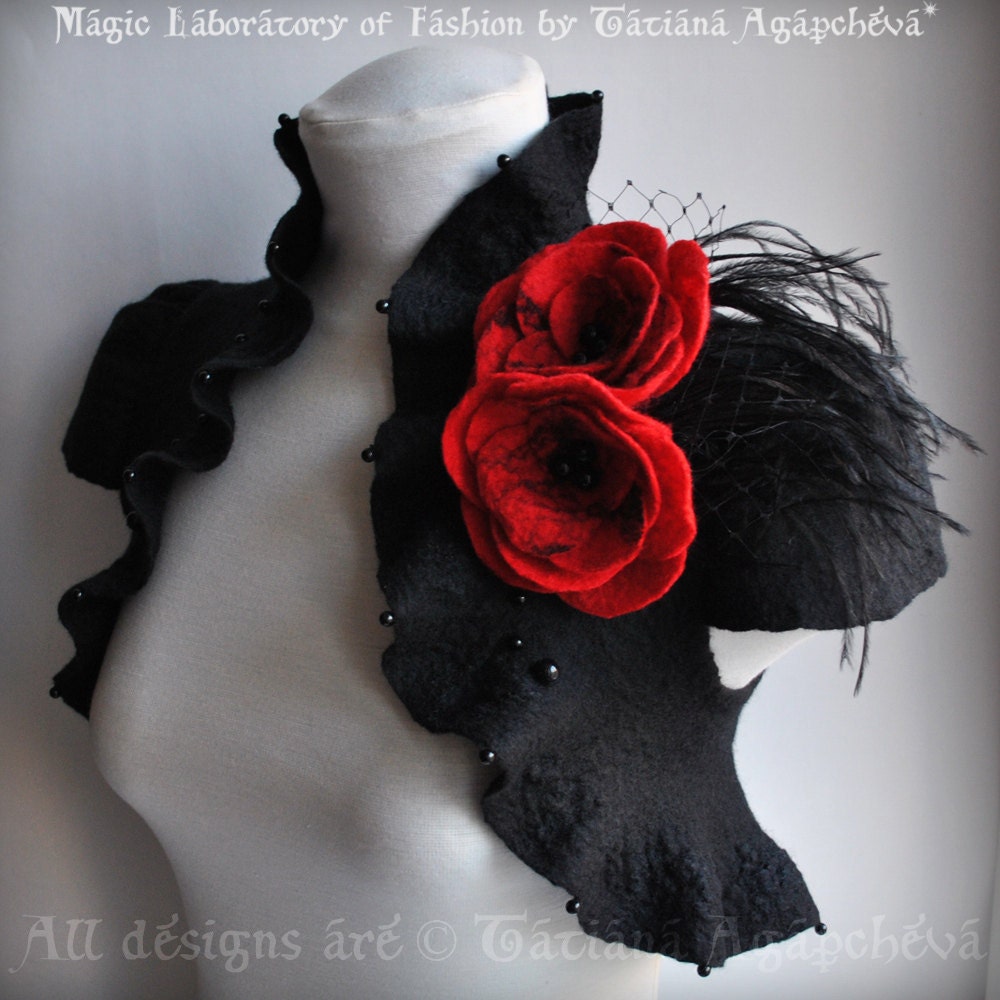 Bolero Shrug, Black Red, Goth Couture Felted Merino Silk, Roses Corsage / Brooch, Cap Sleeves, US 6 Valentines