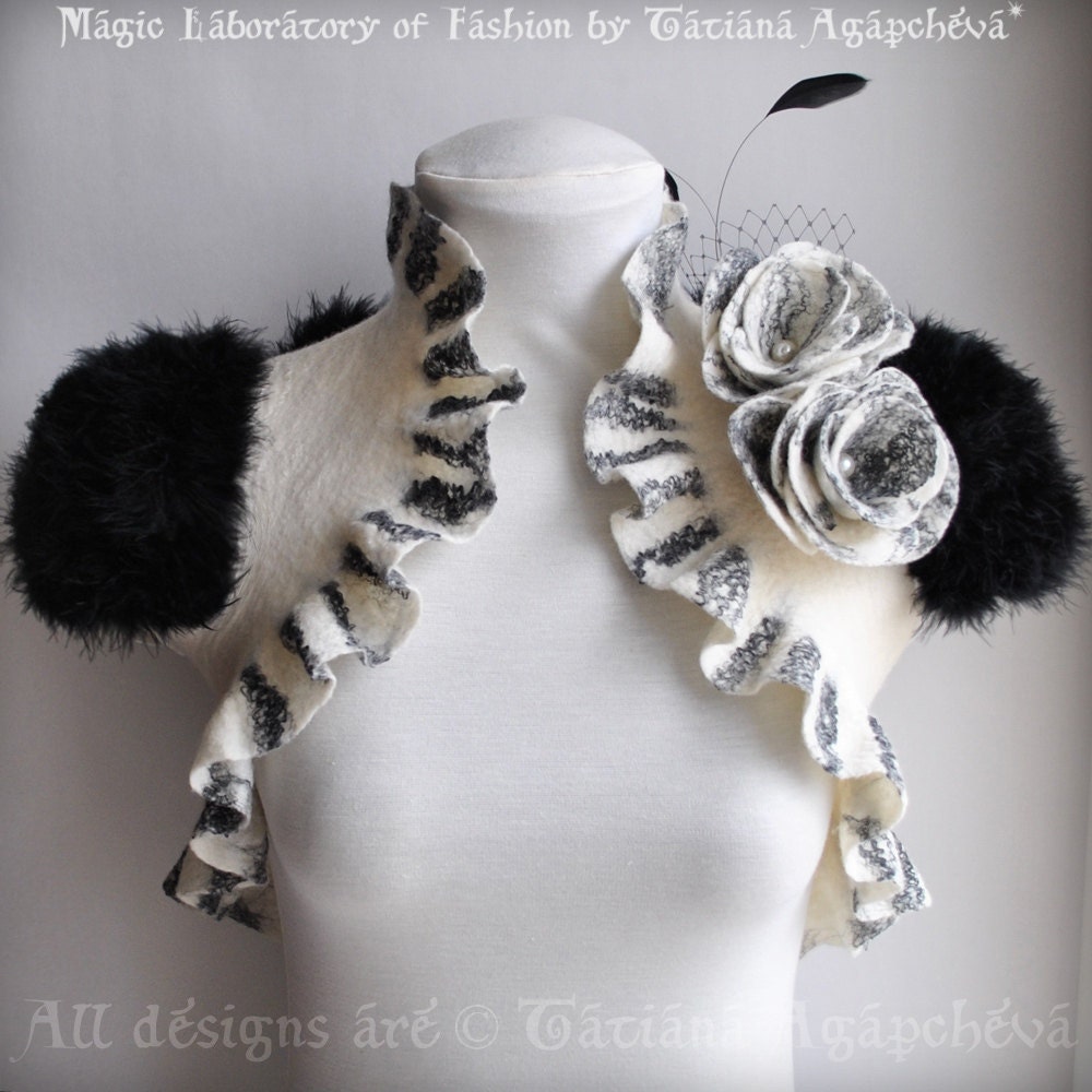SWAN LAKE Bolero Shrug Bridal Feathers Wings Wedding Black White Felted Merino and Silk, Roses Corsage / Brooch, Marabou Sleeves, US 6