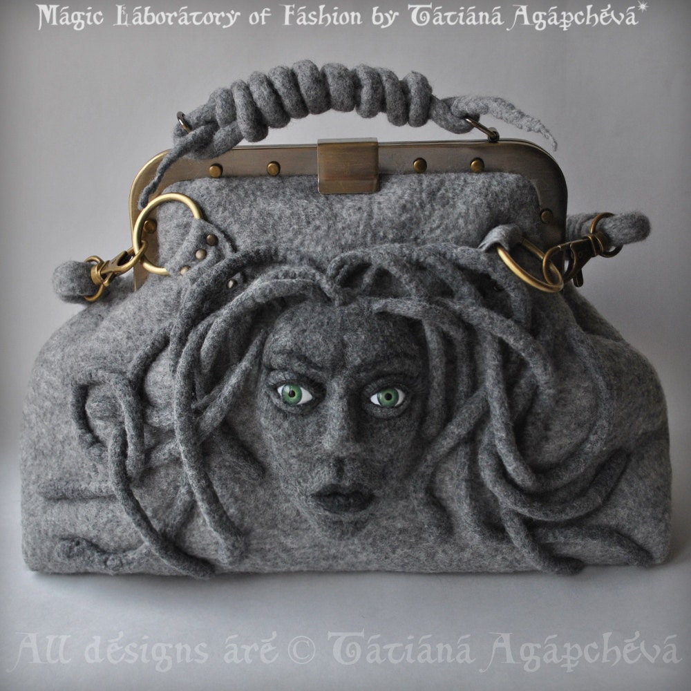 MEDUSA Gorgona Satchel Gladstone, Doctors Bag, Felted, Meduse Head, Detachable handles, Antique Bronze Hardware, Australia merino,2012